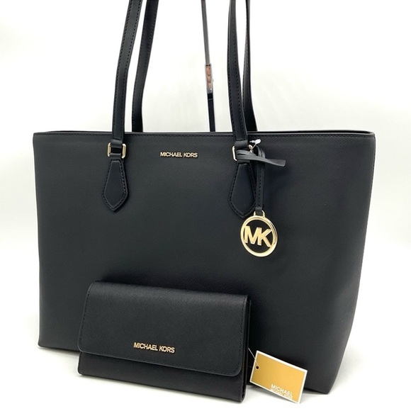 Michael Kors Bag Large Sheila Mf Tote Bag & Large Trifold Wallet Black/Gold - Picture 2 of 14